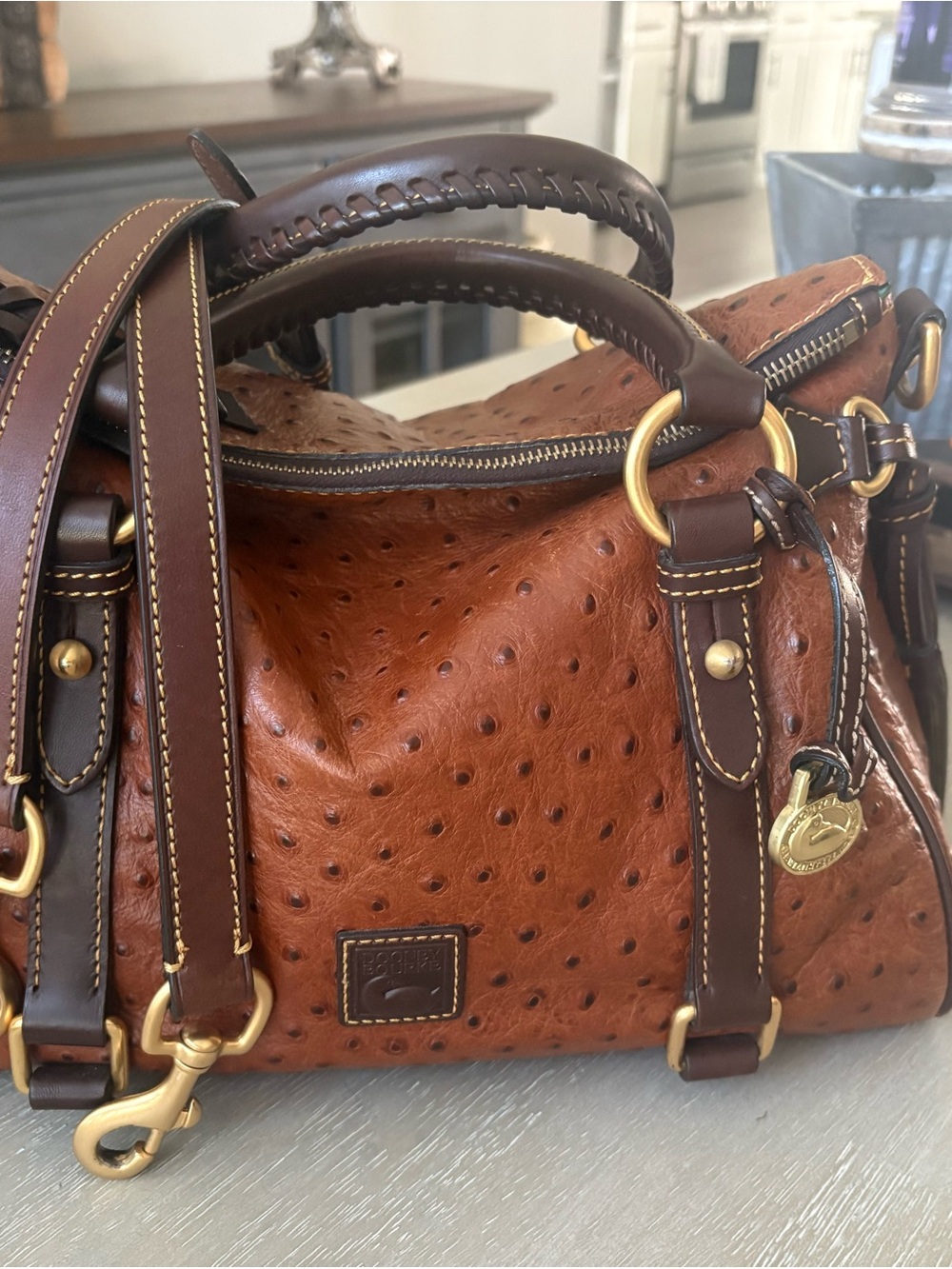 Dooney & Bourke Ostrich Embossed Italian leather Satchel hang tag, strap 12x9x6